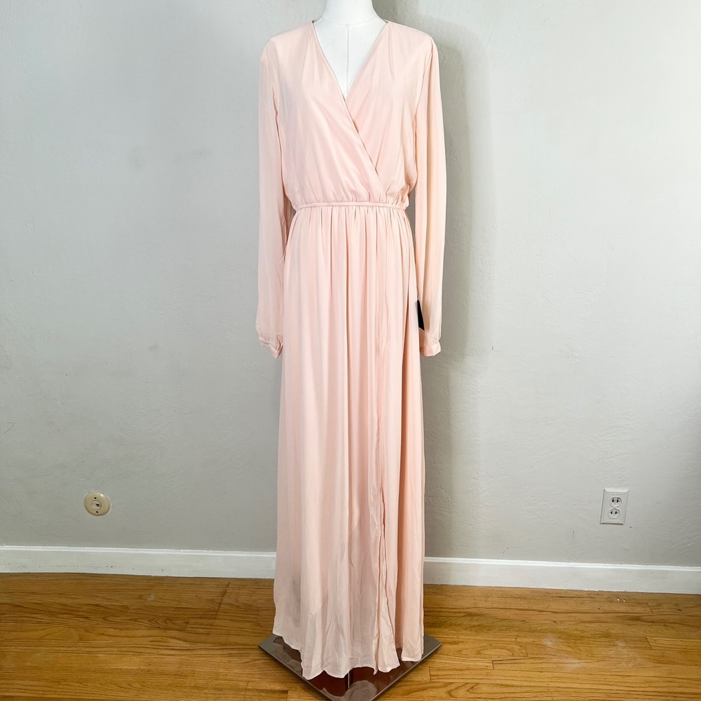 Lulus Blush Pink Long Sleeve Surplice Maxi Dress NWT Large Formal Wedding Guest